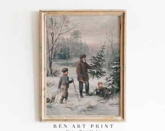 Dipinto di paesaggio invernale d'epoca / Stampa di albero di Natale (download digitale)