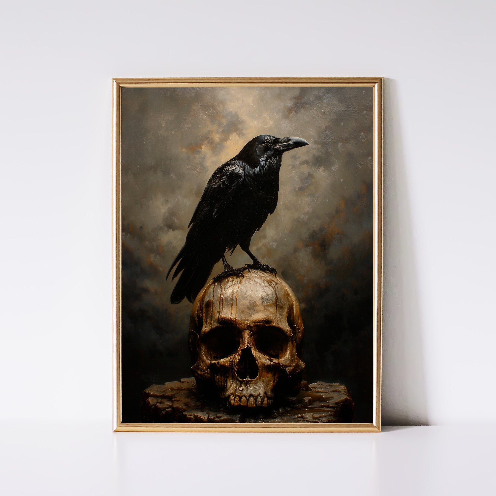 アンティークカラスの絵画 | 頭蓋骨とワタリガラスの壁アート