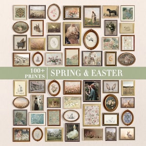 May include: A display of framed vintage art prints, including botanical illustrations, landscapes, and animal portraits. The artwork features oval and rectangular frames in various sizes and styles. The text "100+ PRINTS SPRING & EASTER" is displayed across the center.