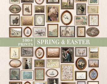 May include: A collection of framed vintage art prints, featuring botanical illustrations, landscapes, and animal portraits. The artwork includes oval and rectangular frames in various sizes and styles. The text "100+ PRINTS SPRING & EASTER" is displayed across the center.