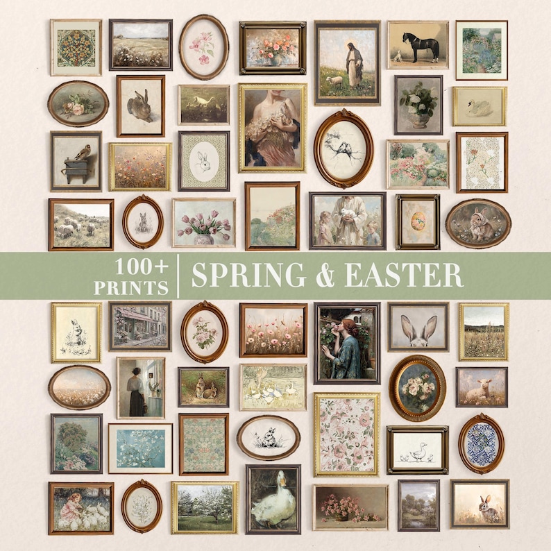 May include: A collection of framed vintage art prints, featuring botanical illustrations, landscapes, and animal portraits. The artwork includes oval and rectangular frames in various sizes and styles. The text "100+ PRINTS SPRING & EASTER" is displayed across the center.