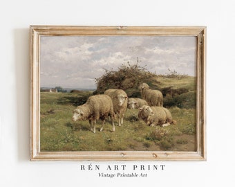 Antique Sheep Painting | Vintage Farm Landscape Print (Digital Download)