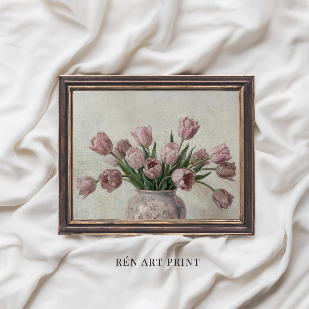 Vintage Pink Tulips Painting | Cottagecore Spring Wall Art | Floral ...