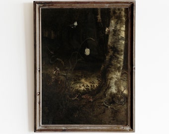 Dark Forest Painting Printable Art | Snake and Moth Print | Moody Wall Art |Dark Academia Print | Vintage Dark Painting | Gothic Wall Decor