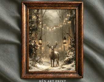 Vintage Christmas Deer Print: Snowy Winter Forest Holiday Wall Art (Digital Download)