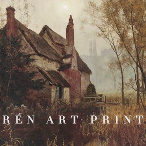 May include: A painting depicting a quaint cottage with a thatched roof and a water wheel. The cottage is nestled amongst trees and a stream. The sky is overcast, casting a soft, muted light over the scene.