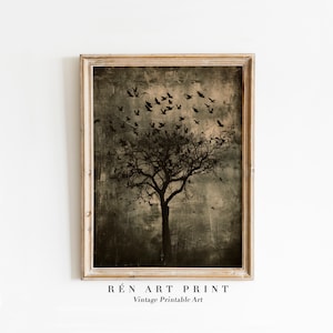 May include: A vintage-style print of a bare tree with a flock of birds flying away from it. The background is a dark, textured, and faded grey.