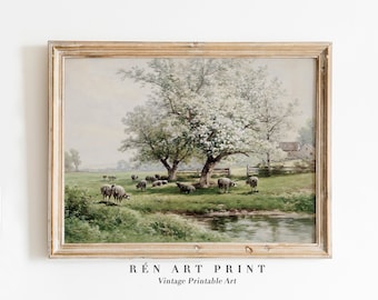 Vintage landschapsprint schapen | Antieke boerderijmuurkunst (digitale download)