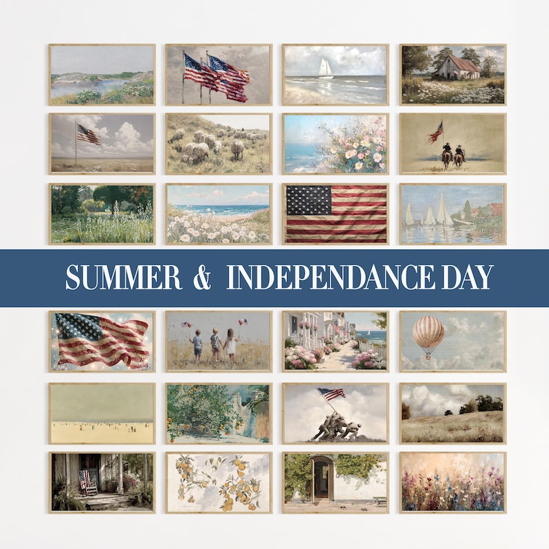 Puede incluir: Una colecci&oacute;n de veinticuatro l&aacute;minas rectangulares con paisajes, escenas marinas, motivos florales y banderas estadounidenses, con el texto SUMMER & INDEPENDENCE DAY centrado en una franja horizontal azul en el medio.