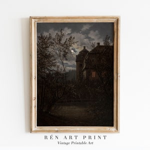 Moody Landscape Painting Printable Wall Art | Vintage Moonlight Painting | Dark Cottagecore Landscape Print | Moody Wall Art Antique Print