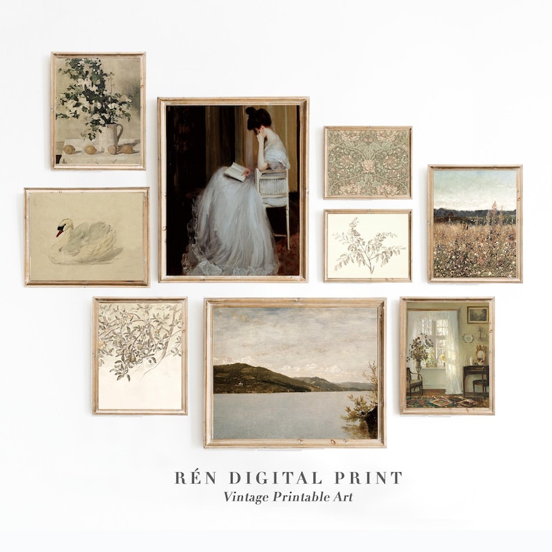 May include: A gallery wall of vintage art prints in wooden frames. The prints feature a variety of subjects, including a woman reading, a swan, a landscape, and botanical illustrations.