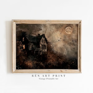 Vintage Haunted House Art Print | Halloween Printable Wall Art | Spooky Night Wall Decor | Moody Haunted Farmhouse Painting |Gothic Wall Art