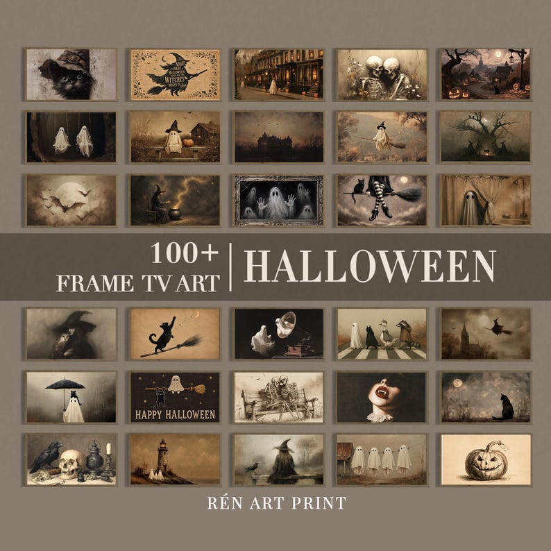 Puede incluir: Una colecci&oacute;n de m&aacute;s de 100 impresiones art&iacute;sticas digitales de Halloween para televisores Frame, con ilustraciones en tonos sepia de fantasmas, esqueletos, brujas, gatos negros, calabazas y paisajes encantados, con el texto 100+ HALLOWEEN FRAME TV ART.
