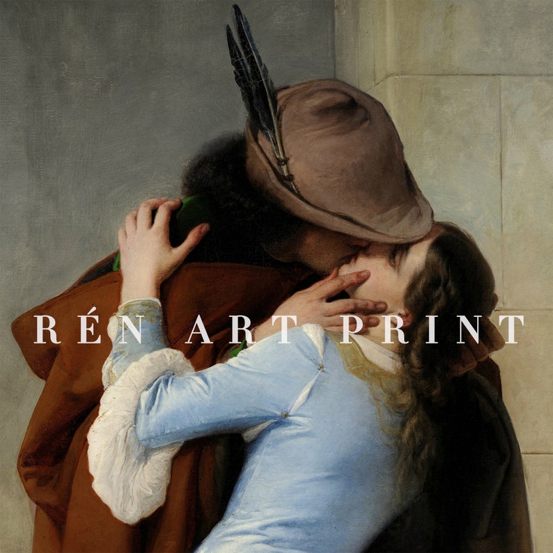 May include: A painting of a couple kissing. The man is wearing a brown hat with feathers and a brown coat. The woman is wearing a blue dress. The painting is titled "R&Eacute;N ART PRINT".