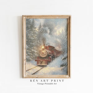 Peut inclure: Une locomotive rouge de style vintage avec une traînée de fumée traverse une forêt enneigée. Le train est éclairé par ses phares et la neige tombe autour de lui. L'image est encadrée dans un cadre en bois clair.