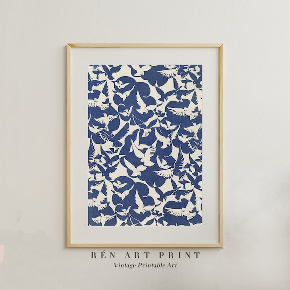 Vintage Pigeon Pattern Art Print | Blue and White (Digital Download)