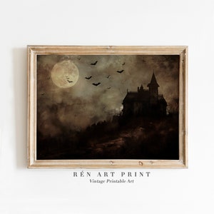 May include: A vintage-style printable art print featuring a spooky silhouette of a house with a tall tower against a dark, cloudy sky with a full moon and bats flying overhead. The print has a distressed, aged look.