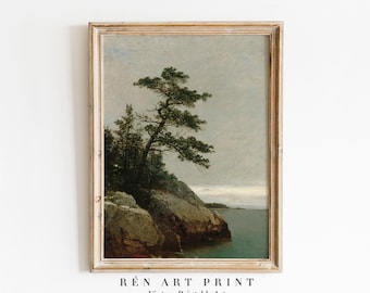 Vintage Pine Tree Seascape Painting | Rustic Coastal Art (Digital Download)
