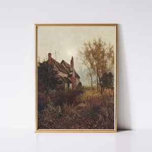 May include: A vintage painting depicting a thatched cottage, nestled amongst trees and tall grasses. The cottage is painted in shades of red and brown, with a white chimney. The painting has a soft, muted colour palette and a dreamy, atmospheric feel.