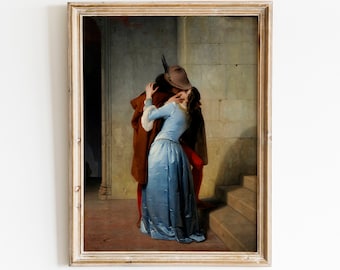 Vintage kussend paar kunstprint | Antiek schilderij romantiek (digitale download)