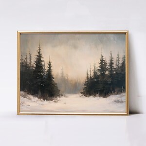 May include: A framed painting of a winter forest scene with tall evergreen trees in the foreground and a misty background. The trees are dark green and the snow is white.