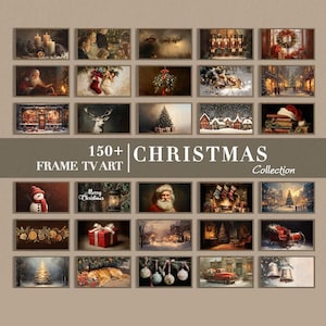 Puede incluir: Una colecci&oacute;n digital de m&aacute;s de 150 obras de arte navide&ntilde;as para televisores Frame, dispuestas en una cuadr&iacute;cula. Las im&aacute;genes muestran escenas festivas con Santa Claus, cascanueces, paisajes nevados, &aacute;rboles decorados y regalos.