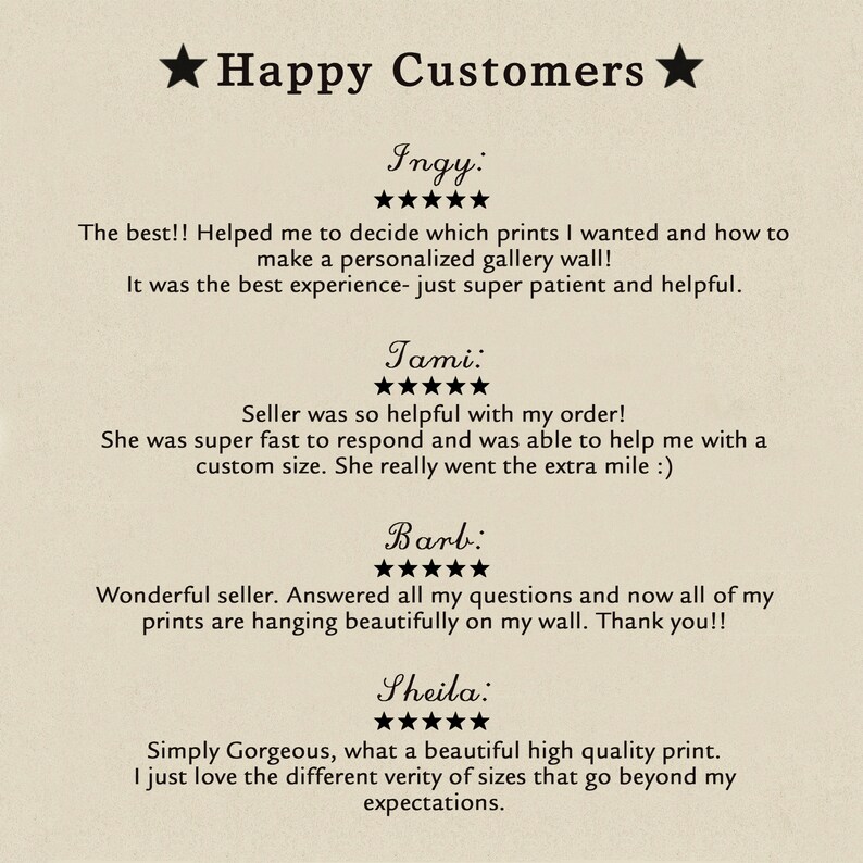May include: A beige background with the text "Happy Customers" and customer reviews. Each review includes a name, a five-star rating, and a short description of their experience with the product.