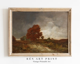 Pintura vintage de paisaje otoñal / Decoración de pared rústica con ambiente melancólico (Descarga digital)