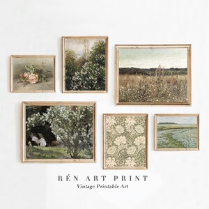 Op de afbeelding: Een set van zes vintage kunstprints met bloemen- en landschapssc&egrave;nes. De prints zijn ingelijst in een licht houten lijst en zijn in een rasterpatroon op een witte muur gerangschikt. De prints zijn getiteld "R&Eacute;N ART PRINT Vintage Printable Art".