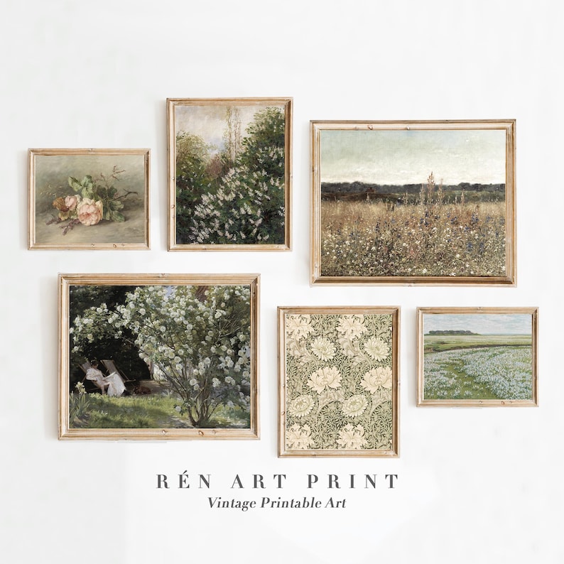 Op de afbeelding: Een set van zes vintage kunstprints met bloemen- en landschapssc&egrave;nes. De prints zijn ingelijst in een licht houten lijst en zijn in een rasterpatroon op een witte muur gerangschikt. De prints zijn getiteld "R&Eacute;N ART PRINT Vintage Printable Art".