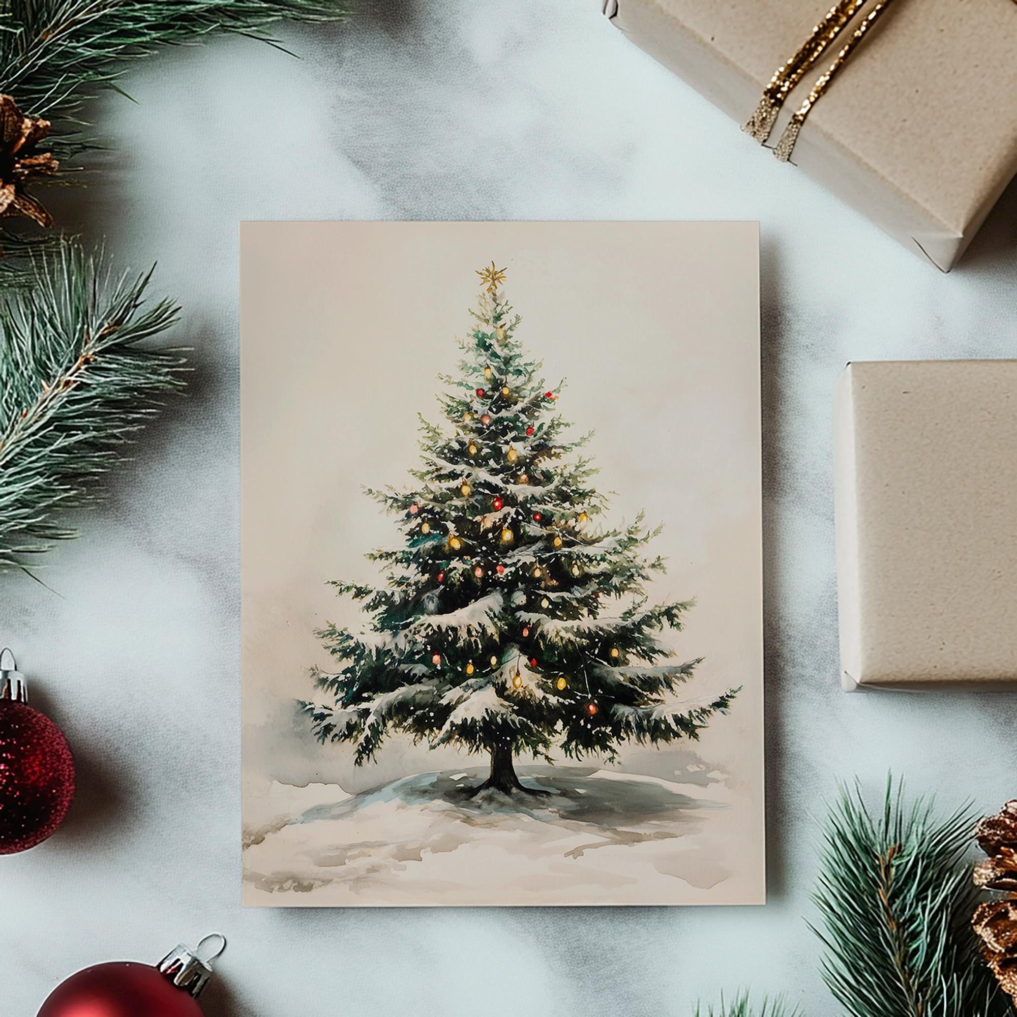 Stampa artistica da parete su tela pronta da appendere, alberi di pino innevati nel bosco, periodo natalizio, decorazione da parete su tela natalizia in stile fattoria, Natale - Italia