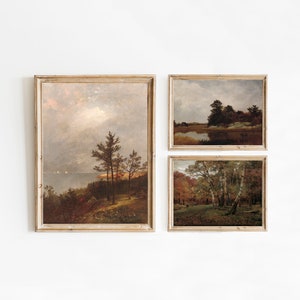 May include: Three framed landscape paintings with a rustic aesthetic. The paintings depict scenes of forests, lakes, and trees in a muted colour palette.