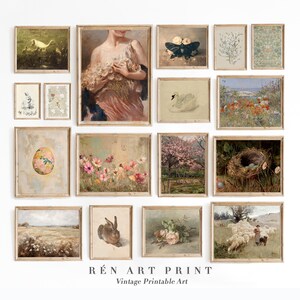 May include: A collection of framed vintage art prints. The prints feature various subjects, including floral arrangements, landscapes, and portraits. The color palette is soft, with muted tones of beige, pink, and green. The text "R&Eacute;N ART PRINT Vintage Printable Art" is at the bottom.