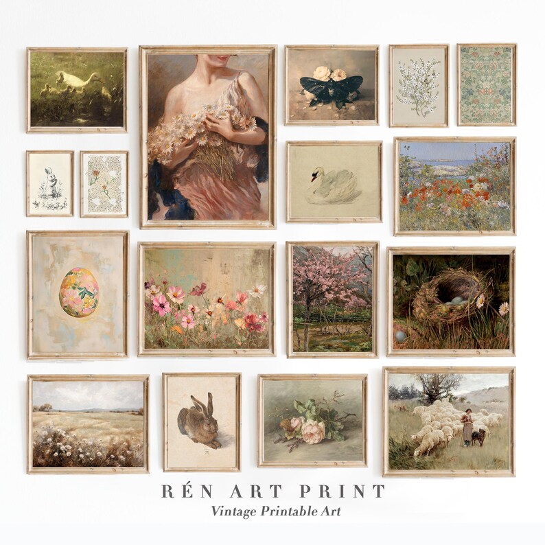 May include: A collection of framed vintage art prints. The prints feature various subjects, including floral arrangements, landscapes, and portraits. The color palette is soft, with muted tones of beige, pink, and green. The text "R&Eacute;N ART PRINT Vintage Printable Art" is at the bottom.