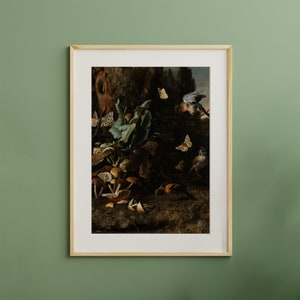 May include: A vintage oil painting depicting a woodland scene with mushrooms, birds, and butterflies. The painting features a dark background with a variety of colors, including brown, green, and white.