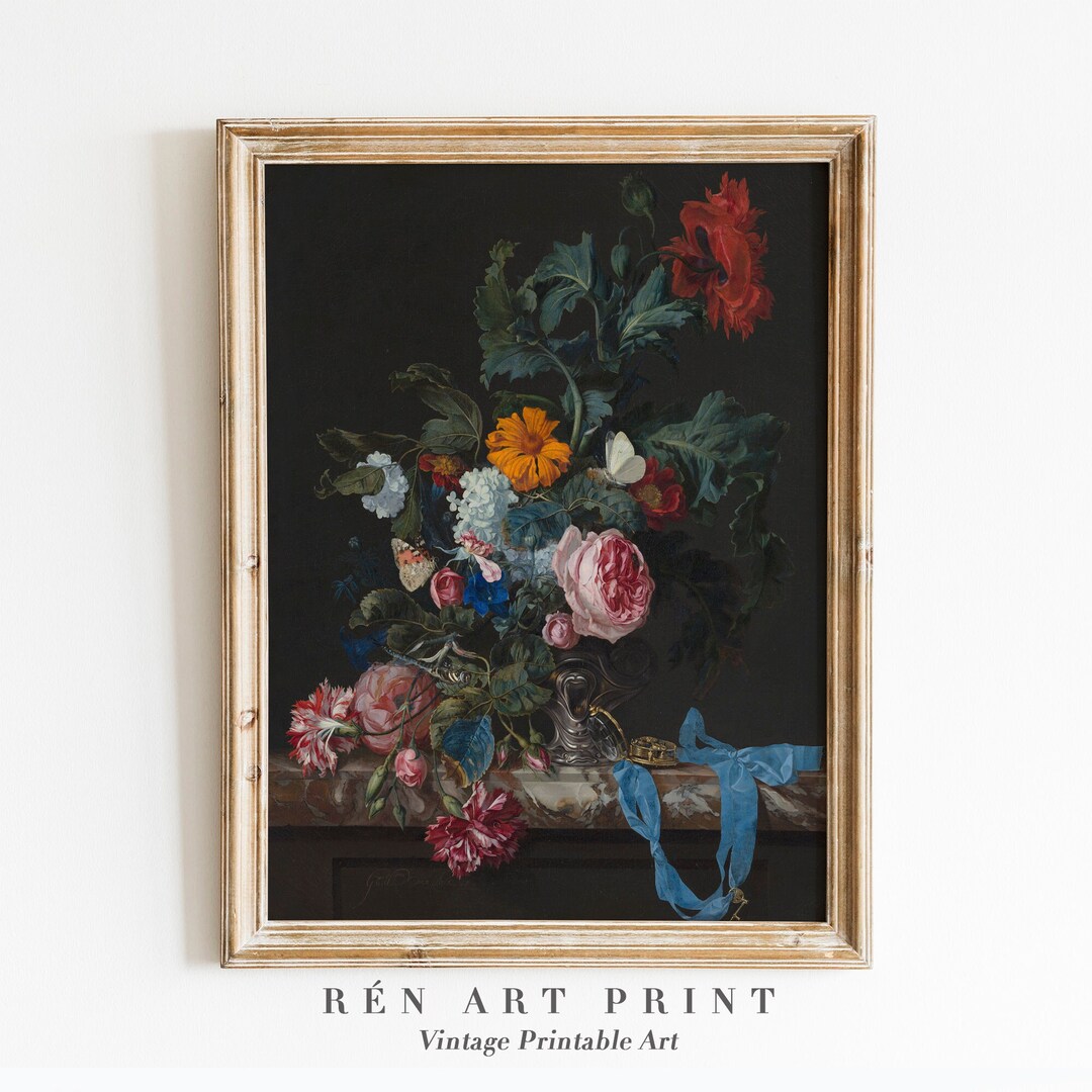 Vintage Flower Painting Wall Art Antique Still Life Printable Art Dark Floral Wall Art French