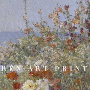 May include: An impressionistic art print featuring a vibrant field of wildflowers in shades of red, orange, and white, with a blue ocean and sky in the background. The artwork has visible brushstrokes and the text "REN ART PRINT" at the bottom.