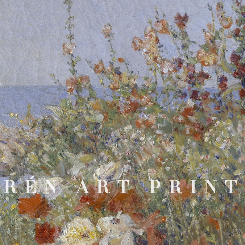May include: An impressionistic art print featuring a vibrant field of wildflowers in shades of red, orange, and white, with a blue ocean and sky in the background. The artwork has visible brushstrokes and the text "REN ART PRINT" at the bottom.