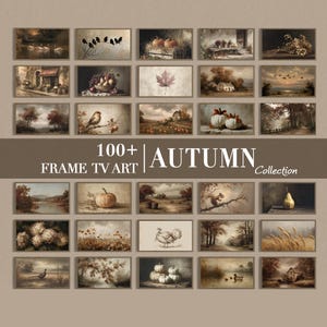 Puede incluir: Una colecci&oacute;n digital de m&aacute;s de 100 im&aacute;genes rectangulares en formato horizontal con escenas de tem&aacute;tica oto&ntilde;al, incluyendo calabazas, p&aacute;jaros, &aacute;rboles y paisajes rurales, con el texto 100+ FRAME TV ART AUTUMN Collection en el centro.