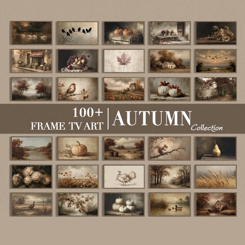 Puede incluir: Una colecci&oacute;n digital de m&aacute;s de 100 im&aacute;genes rectangulares en formato horizontal con escenas de tem&aacute;tica oto&ntilde;al, incluyendo calabazas, p&aacute;jaros, &aacute;rboles y paisajes rurales, con el texto 100+ FRAME TV ART AUTUMN Collection en el centro.