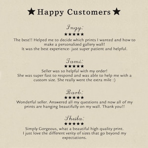 May include: A customer review graphic featuring the heading Happy Customers with four five-star reviews from Ingy, Tami, Barb, and Sheila. The text is printed in black on a light beige background, detailing positive feedback about print services.