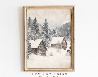 Affiche paysage hivernal enneigé d'une cabane | Décoration murale style ferme vintage (Téléchargement numérique)