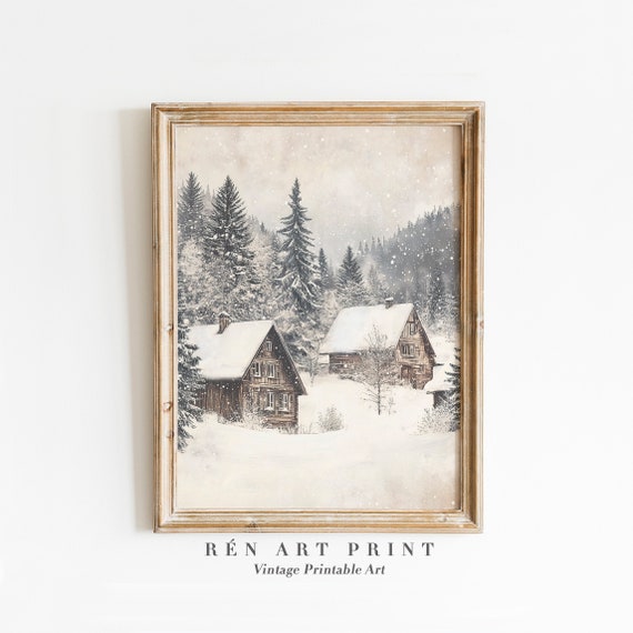 Rustic Winter Print | Winter Landscape Painting | Snowy Pine Forest Wall Print | Farmhouse Christmas Decor | Vintage Winter Cabin Wall Art