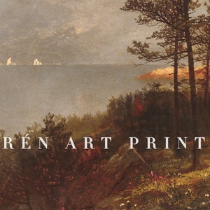 May include: A vintage art print depicting a landscape scene with a lake, trees, and mountains in the distance. The print is in muted tones of brown, green, and blue. The text "R&Eacute;N ART PRINT" is at the bottom of the print.