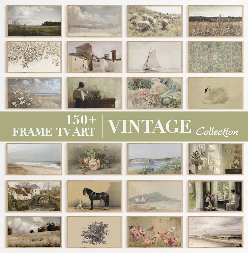 May include: A collection of twenty-four rectangular digital art prints for television screens, featuring various vintage-style landscape, floral, animal, and interior scenes, with the text 150+ FRAME TV ART VINTAGE Collection overlaid.