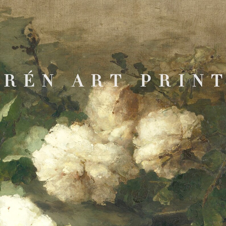May include: A vintage art print featuring a close-up of white flowers with green leaves. The print has a textured background and the text "R&Eacute;N ART PRINT" at the top.