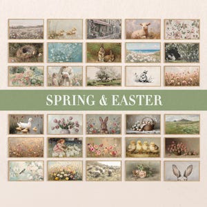 Puede incluir: Una colecci&oacute;n digital de cuarenta l&aacute;minas rectangulares con motivos de primavera y Pascua, incluyendo ilustraciones de conejos, corderos, patitos, arreglos florales y paisajes, con el texto SPRING & EASTER en el centro de la imagen.
