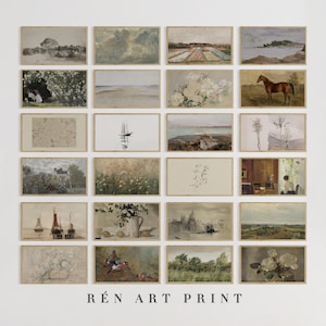 May include: A collection of framed art prints featuring vintage-style landscape and still-life paintings. The prints showcase a variety of scenes, including seascapes, floral arrangements, and architectural studies. The text "R&Eacute;N ART PRINT" is at the bottom.