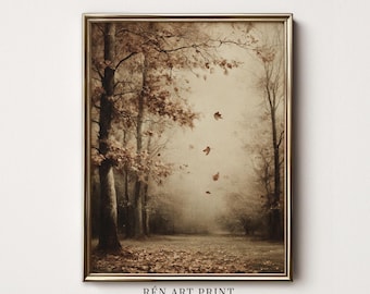 Vintage Autumn Woodland Print | Falling Leaves Painting (Digital Download)
