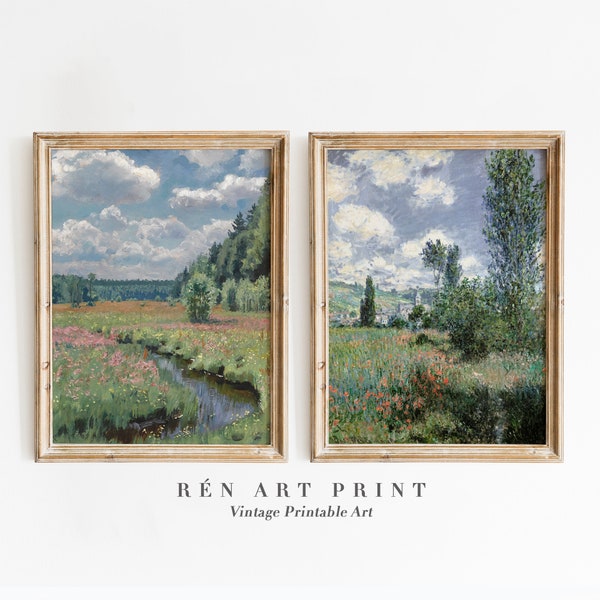 Láminas vintage de paisajes con flores silvestres / Arte de casas de campo francesas (Juego de 2) (Descarga digital)